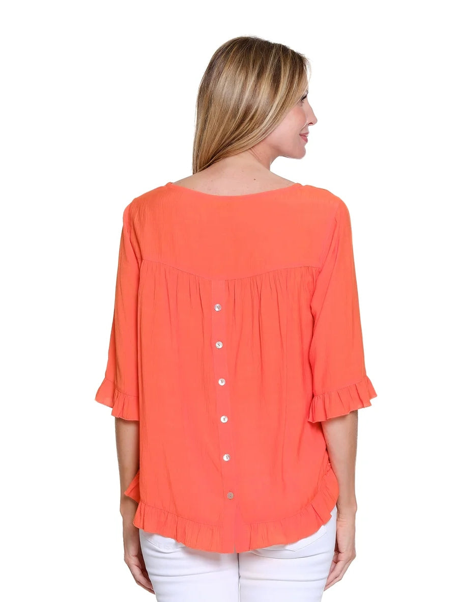 Ruffle Woven Top with Button-Back Detail