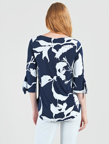 Tie Cuff Curved Hem Tunic - Abstract Branch