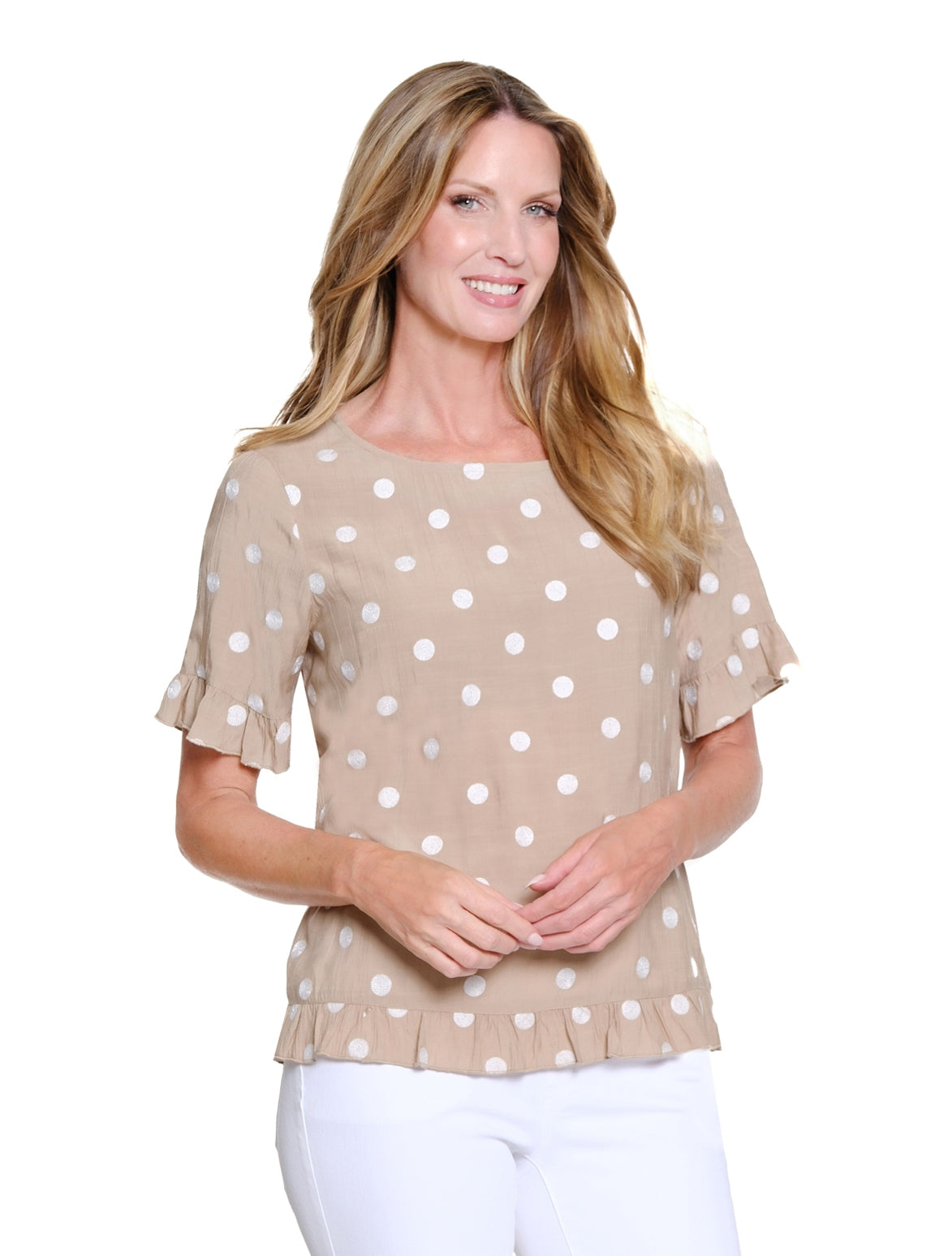 Short Sleeve Scoop Neck Ruffle Hi-Lo Button Back Top