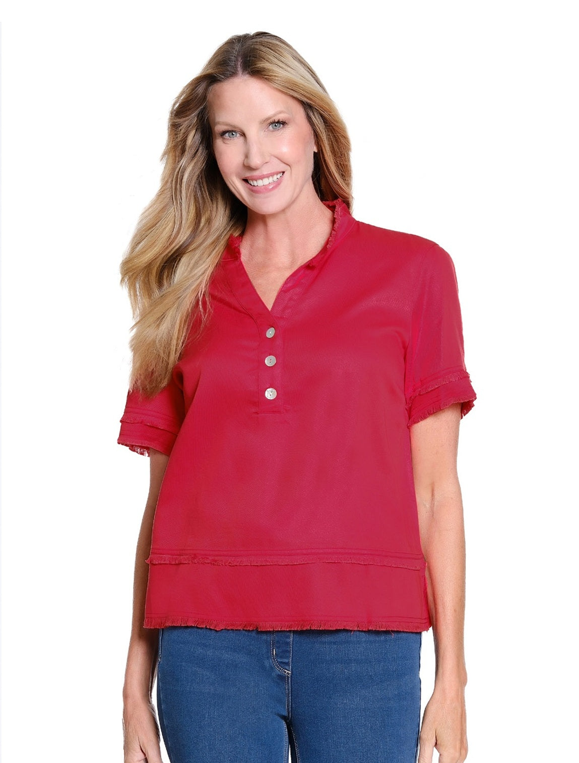 Double Fringe Hem Short Sleeve Button Front Shirt in Fiery Red