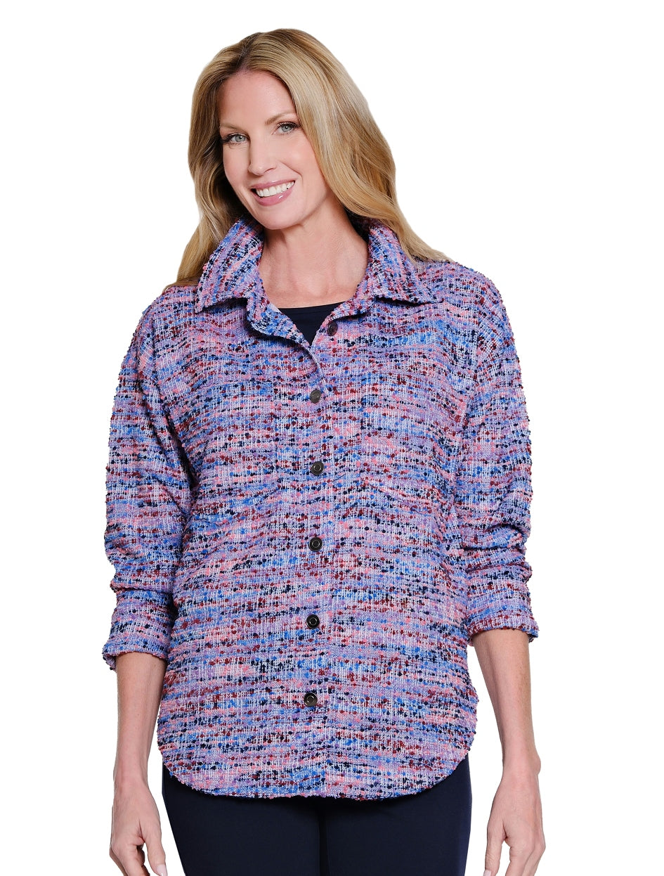 Knit Cuffed Long Sleeve Drop Shoulder Button Front Shirt Jacket