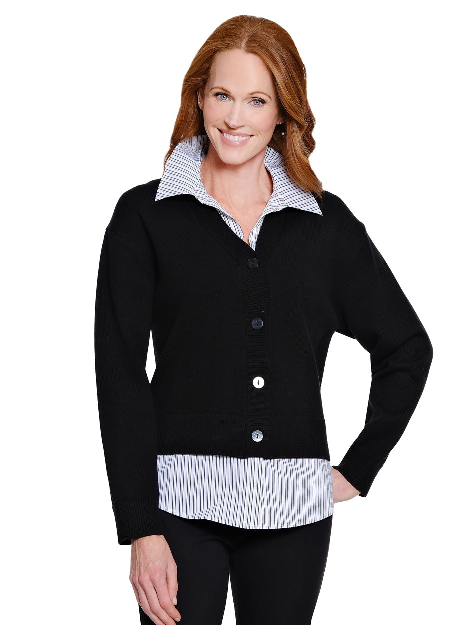 Knit Long Sleeve Button Front Cardigan Sweater w/Shirt