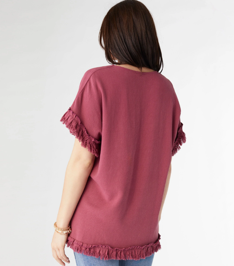 River Flowy Short Sleeve Top with Fringe - Rose Wine