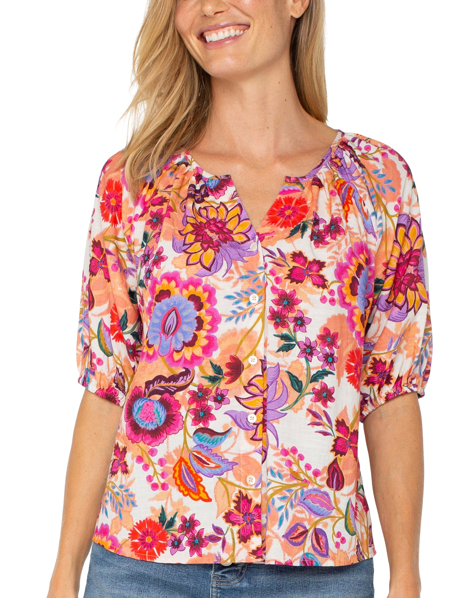 Short Sleeve Button Front Floral Blouse