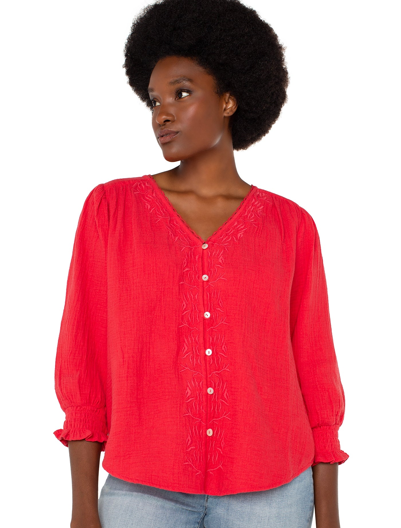 3/4 Sleeve Embroidered Woven Blouse