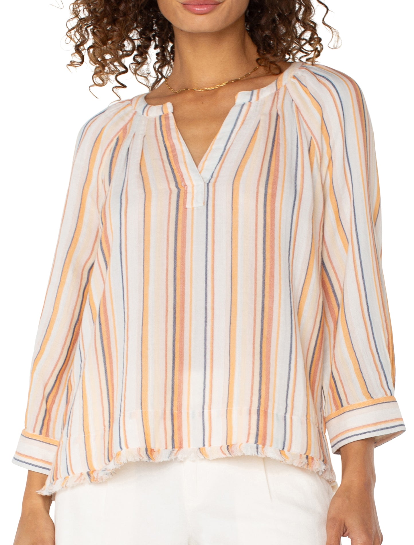 3/4 Sleeve Woven Top with Fray Hem