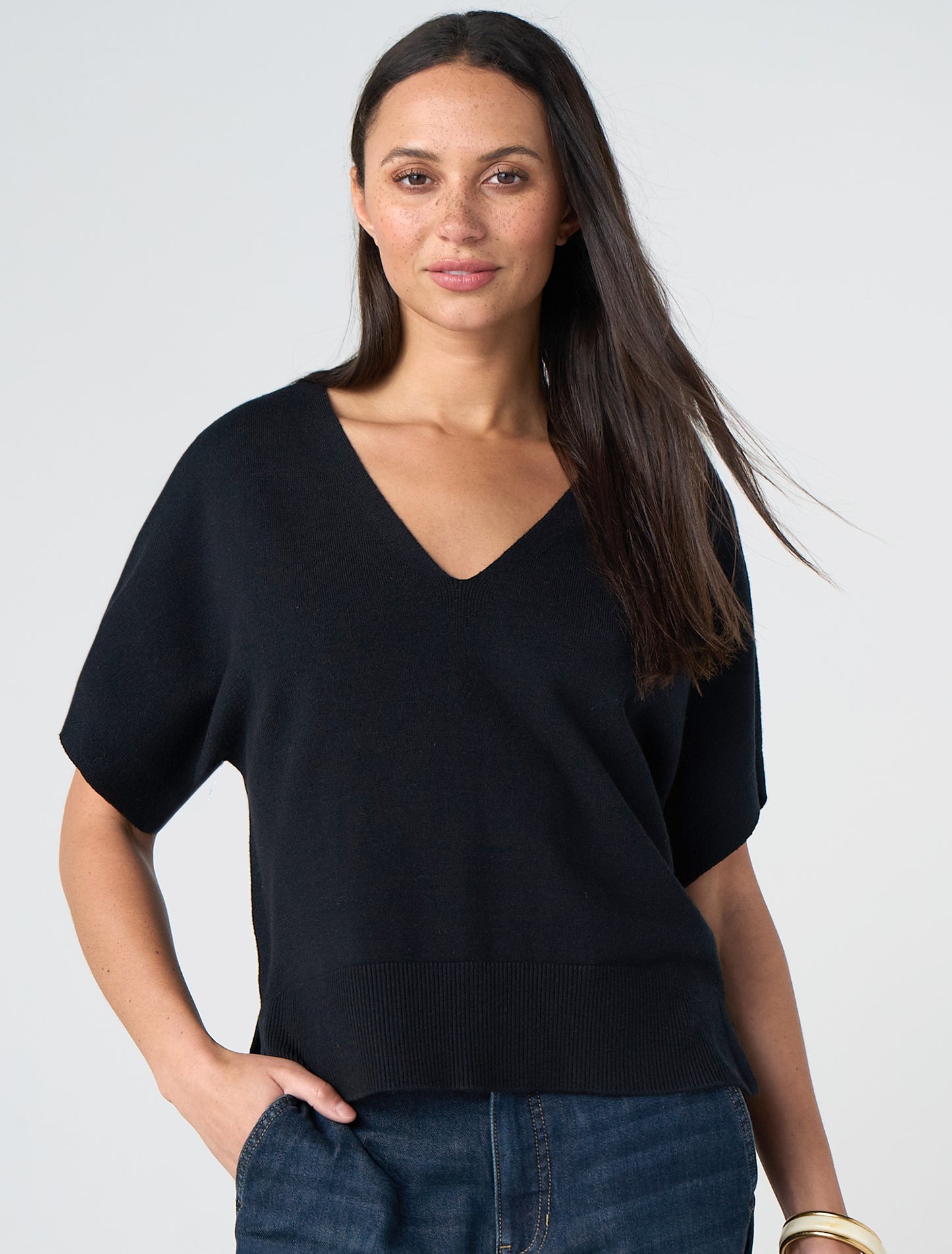 Short Sleeve V-Neck Dolman Popover Sweater with Step Hem