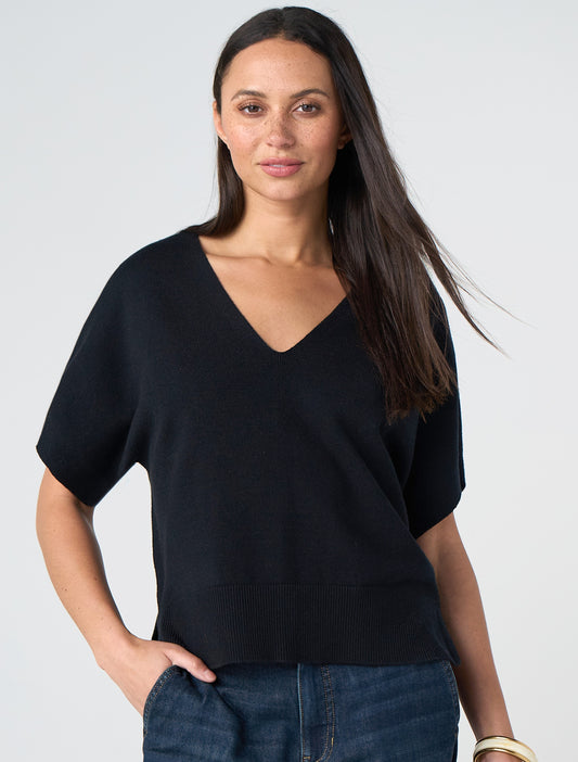 Short Sleeve V-Neck Dolman Popover Sweater with Step Hem
