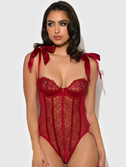 Rosalie Embroidered Lace Teddy in Crimson Red