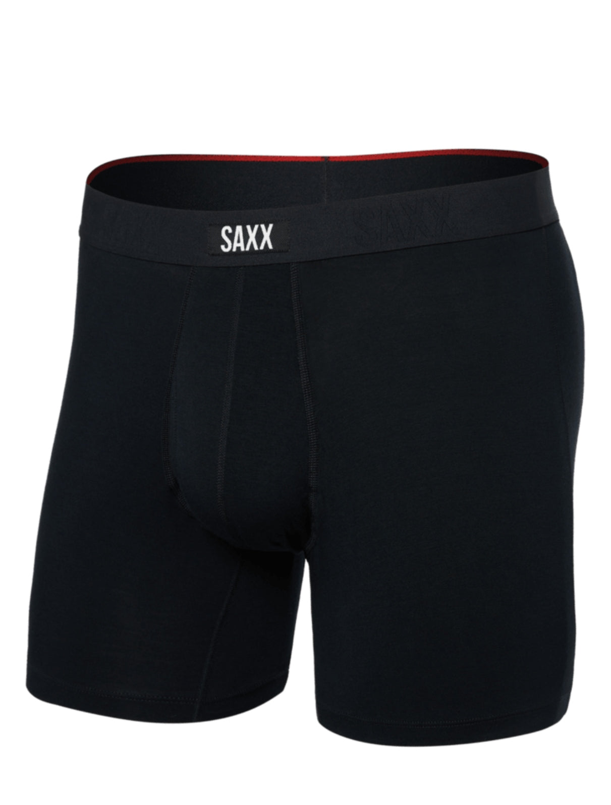 A pair of black boxer briefs with a red and white branded waistband, labeled 'SAXX'.