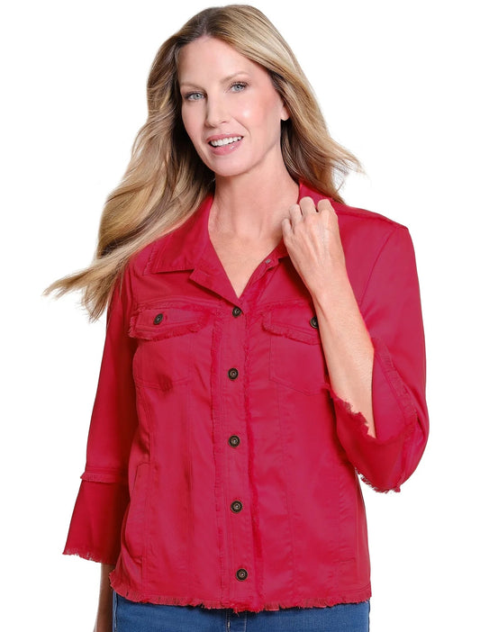 Twill & Denim Jacket with Fringe Hem Trim