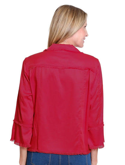 Twill & Denim Jacket with Fringe Hem Trim