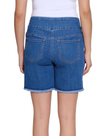 Stretch Denim Short with Fringe Hem