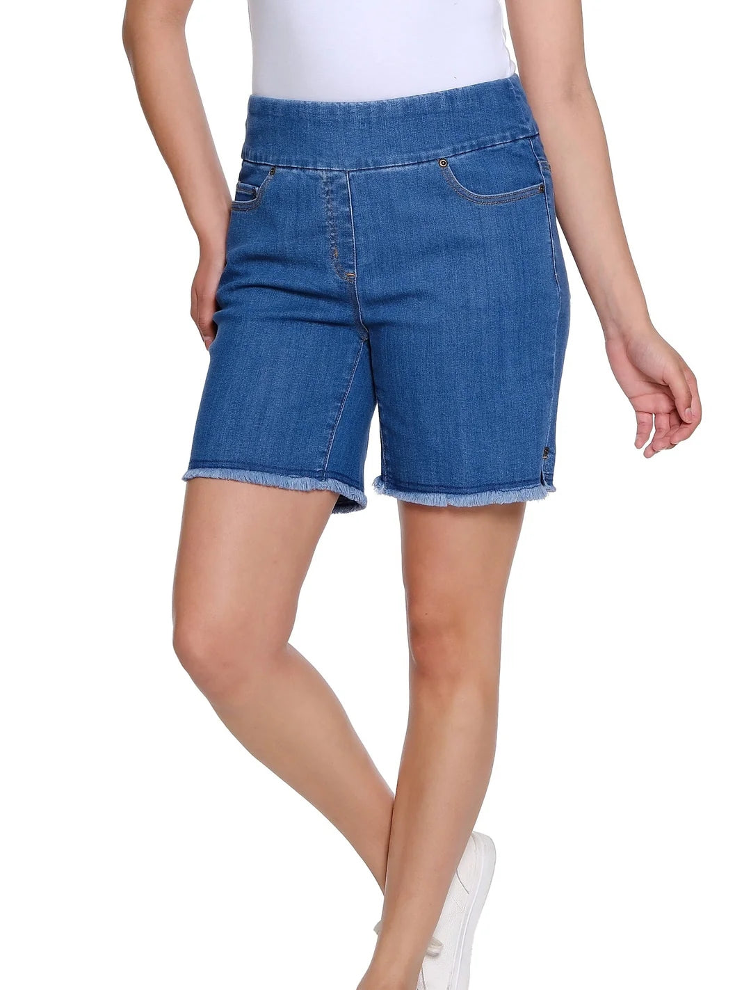 Stretch Denim Short with Fringe Hem