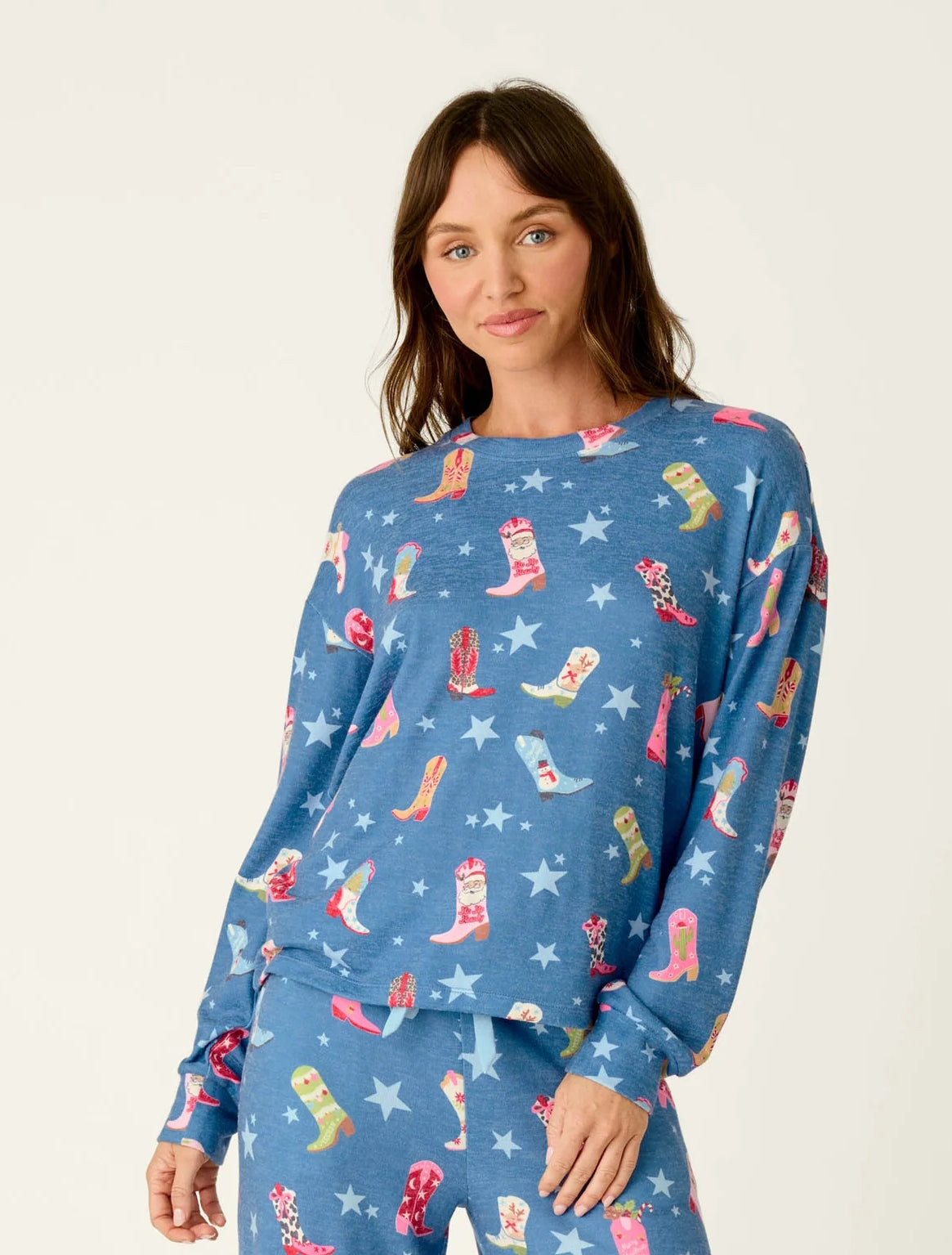 Howdy Holidays Cowboy Boots & Star Print Long Sleeve Top
