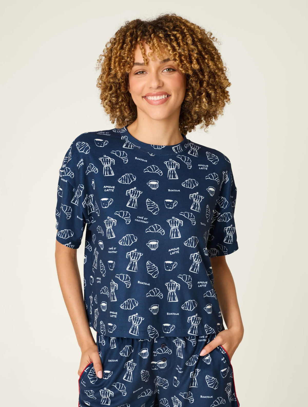 Bonjour Babe French Breakfast Print Short Sleeve Top