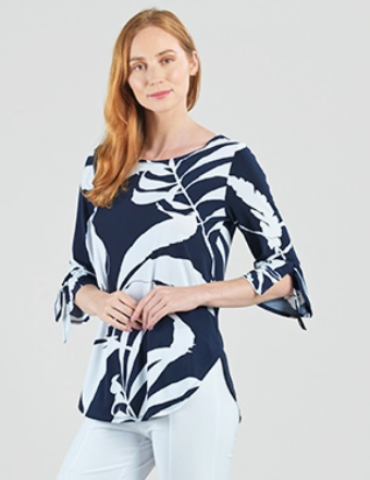 Tie Cuff Curved Hem Tunic - Abstract Branch