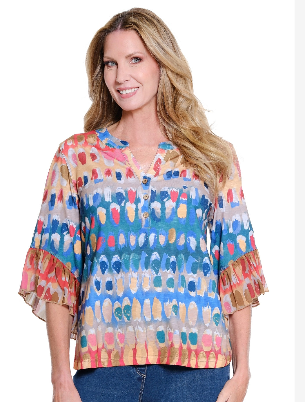 Elbow Flounce Sleeve Button Front Pullover Top