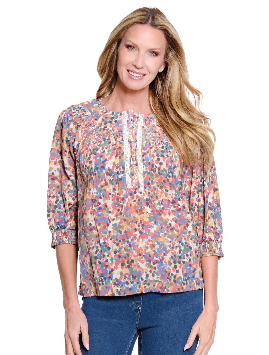 3/4 Puff Sleeve Raglan Button Front Woven Top