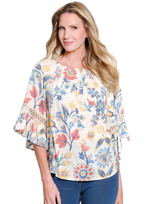 3/4 Flounce Raglan Sleeve Top with Shirred Neck