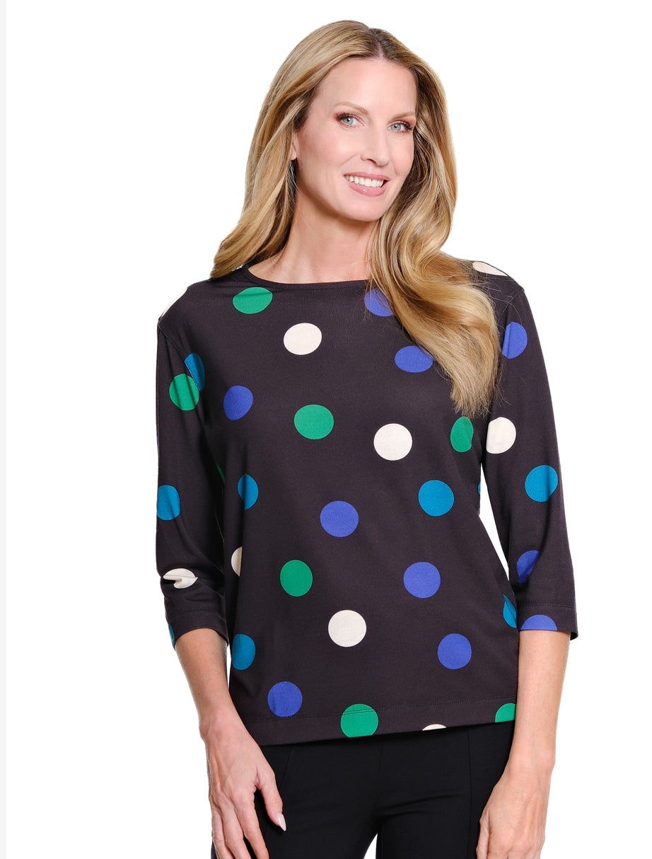 3/4 Sleeve Drop Shoulder Wide Neck Polka Dot Knit Top