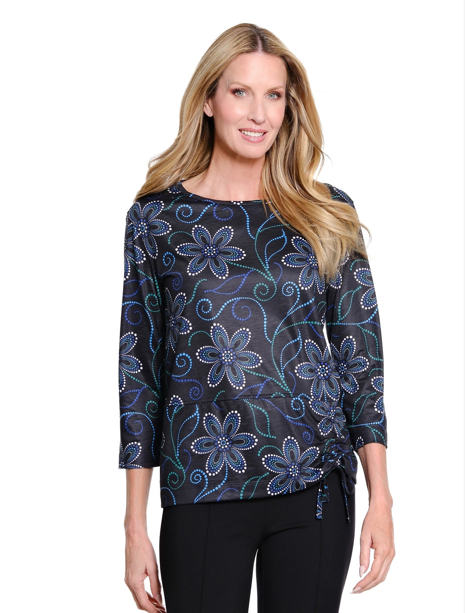 3/4 Sleeve Scoop Neck Knit Top with Drawstring Hem
