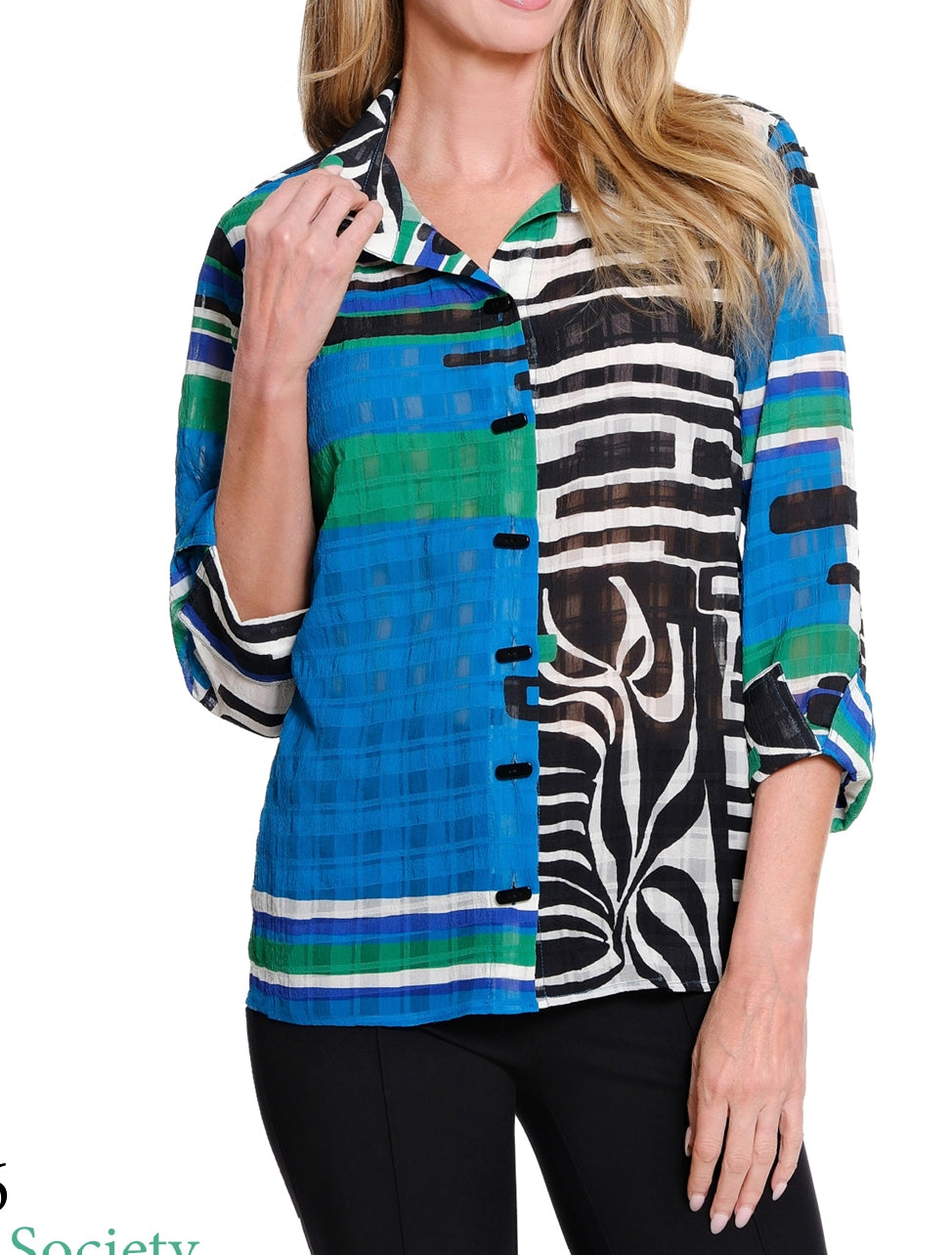 Turn-Up Cuff 3/4 Sleeve Button Front Woven Shirt