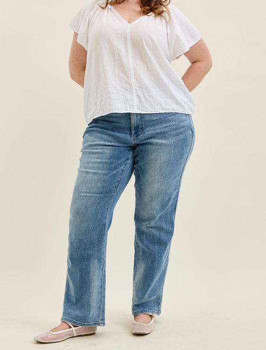 High Waist Tummy Control Contrast Wash Straight Leg Jeans