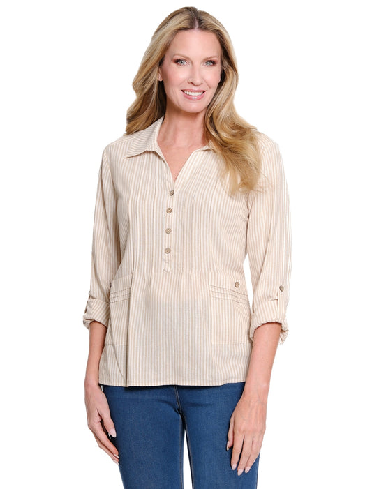Roll-Tab Long Sleeve 2-Pocket Multi-Tuck Hi-Lo Woven Shirt
