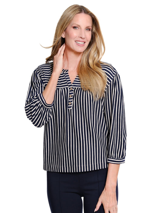 3/4 Puff Sleeve Drop Shoulder Striped Knit Top