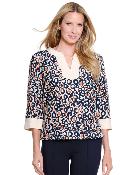 3/4 Sleeve Notch Neck Pullover Woven Top