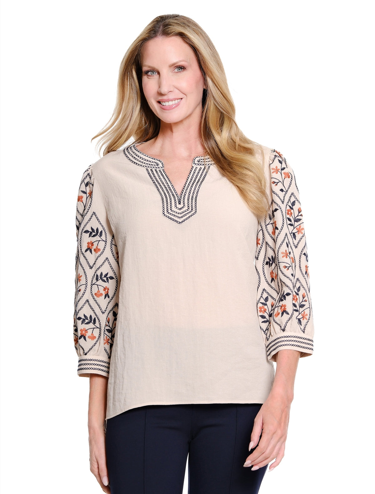 3/4 Puff Sleeve Notch Neck Woven Top w/Embroidery