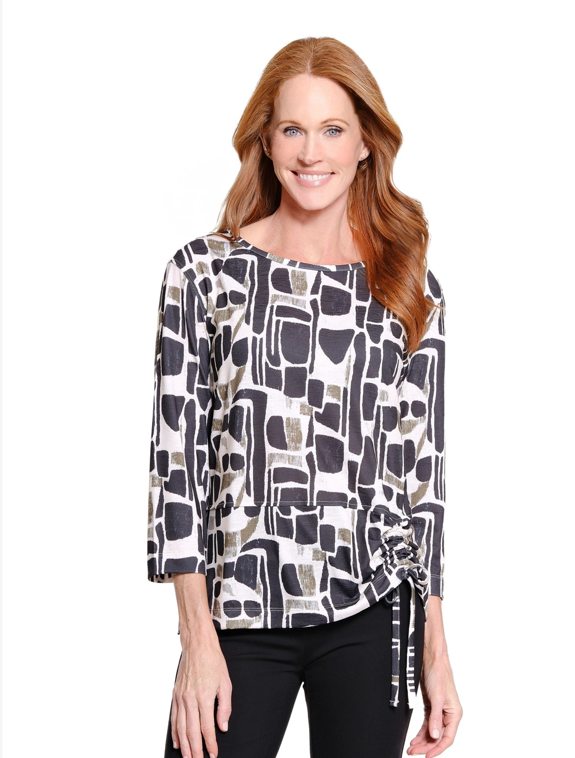 3/4 Sleeve Scoop Neck Drawstring Hem Top