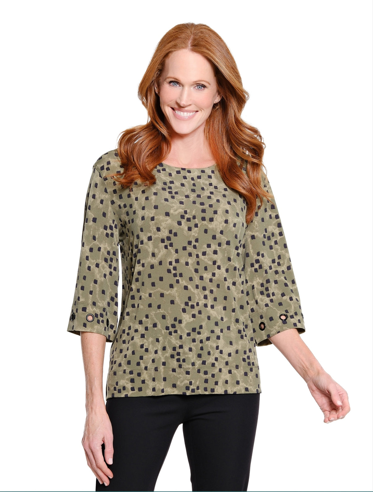 3/4 Sleeve Scoop Neck Knit Top w/Grommet Detail