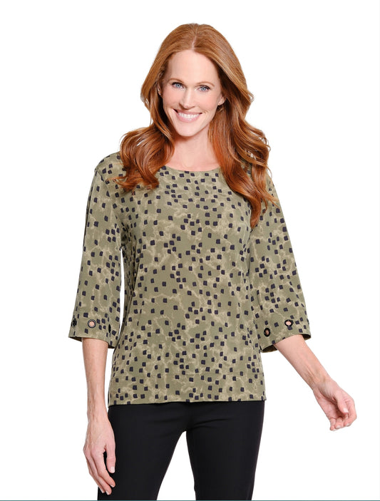 3/4 Sleeve Scoop Neck Knit Top w/Grommet Detail