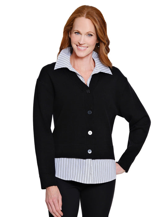 Knit Long Sleeve Button Front Cardigan Sweater w/Shirt