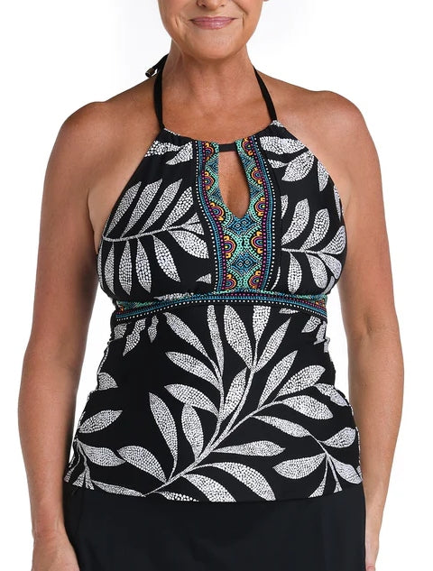 Mosaic Leaf High Neck Keyhole Tankini Top