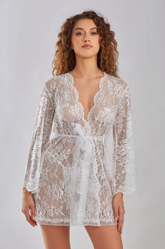 Willow Lace Robe with Scalloped Sleeves, and Sheer Tie