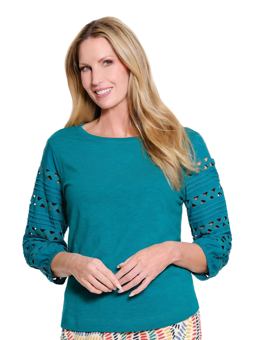 3/4 Multi-Tuck Sleeve Scoop Neck Knit Top