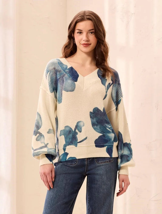 Drop Shoulder V-Neck Puff-Sleeve Printed Sweater