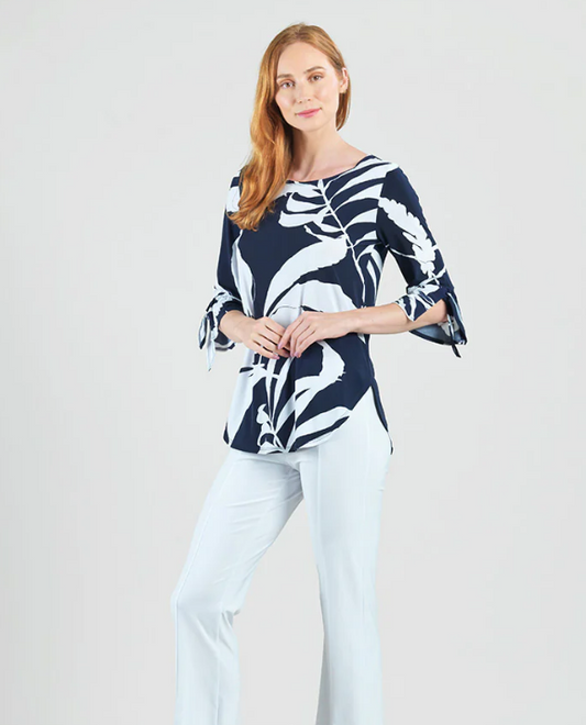 Tie Cuff Curved Hem Tunic - Abstract Branch