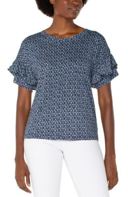 Liverpool cotton modal ruffle sleeved tee shirt baik print blue navy
