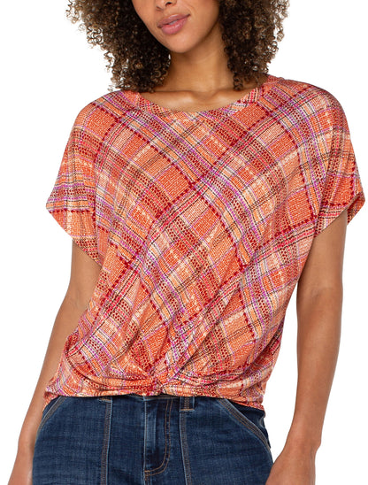 Plaid Knit Top with Front Twist