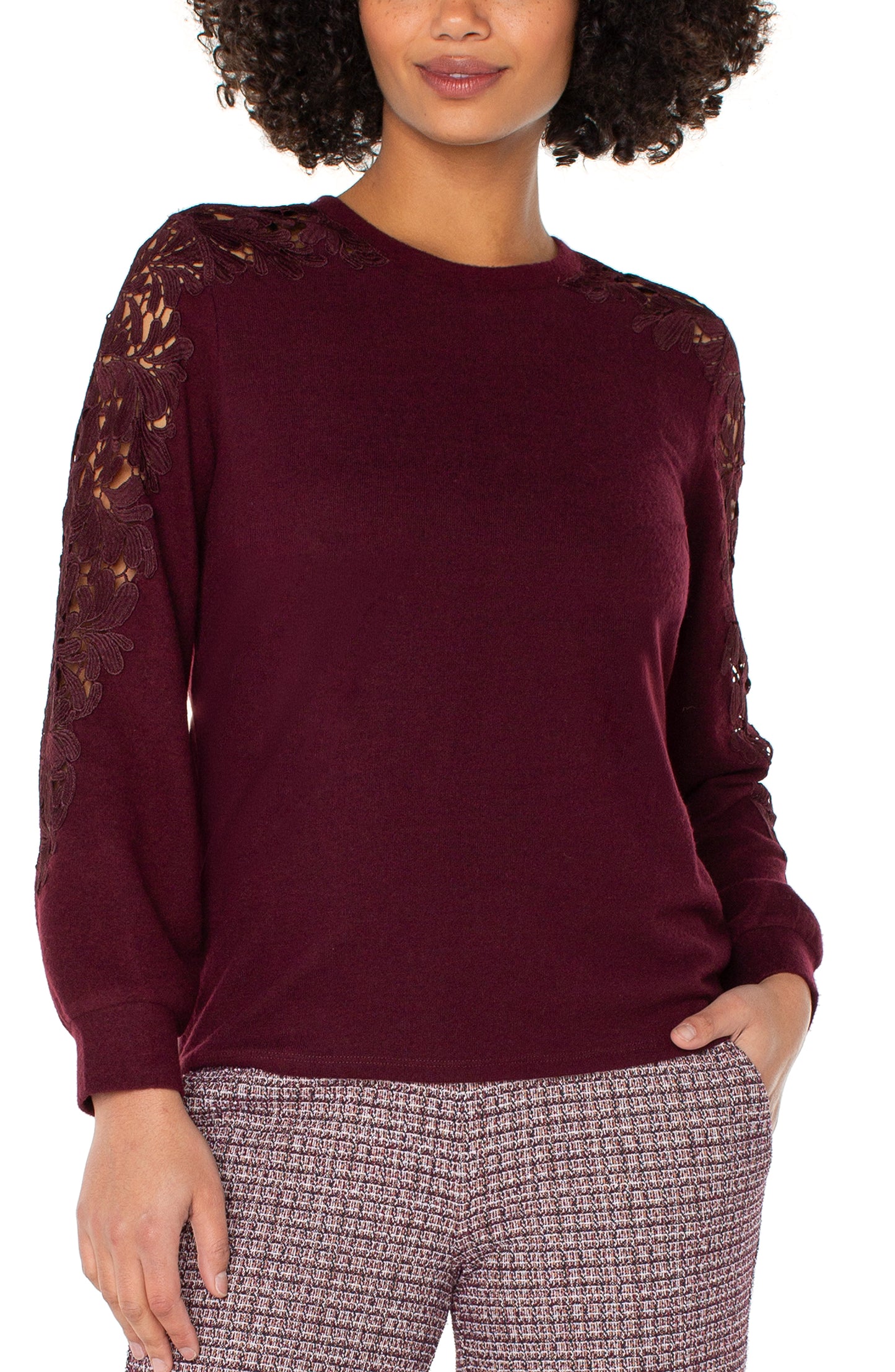 Long Sleeve Crew Neck Lace Inset Knit Top
