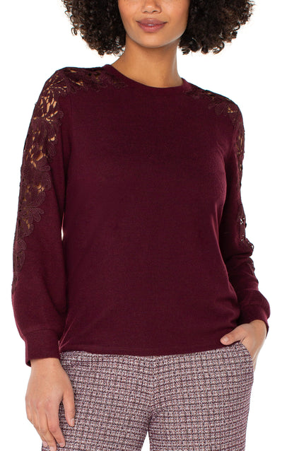 Long Sleeve Crew Neck Lace Inset Knit Top