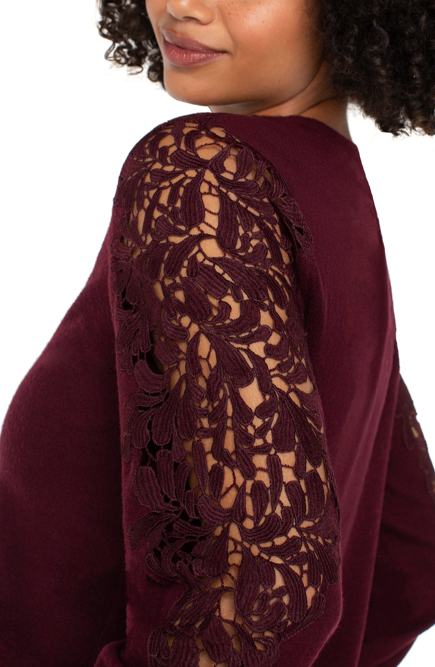 Long Sleeve Crew Neck Lace Inset Knit Top