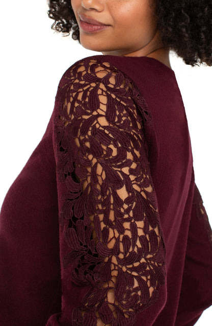 Long Sleeve Crew Neck Lace Inset Knit Top