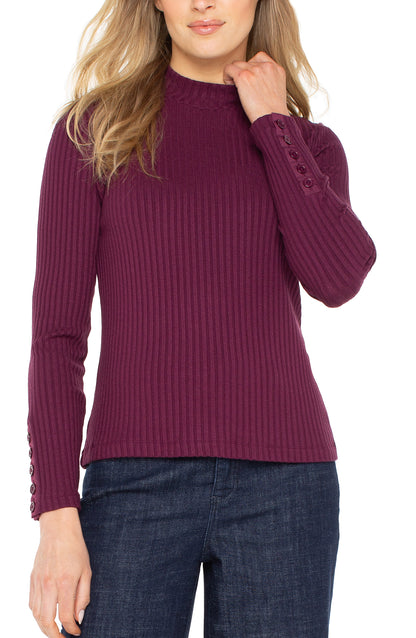 Long Sleeve Mock Neck Knit Top w/ Button Detail