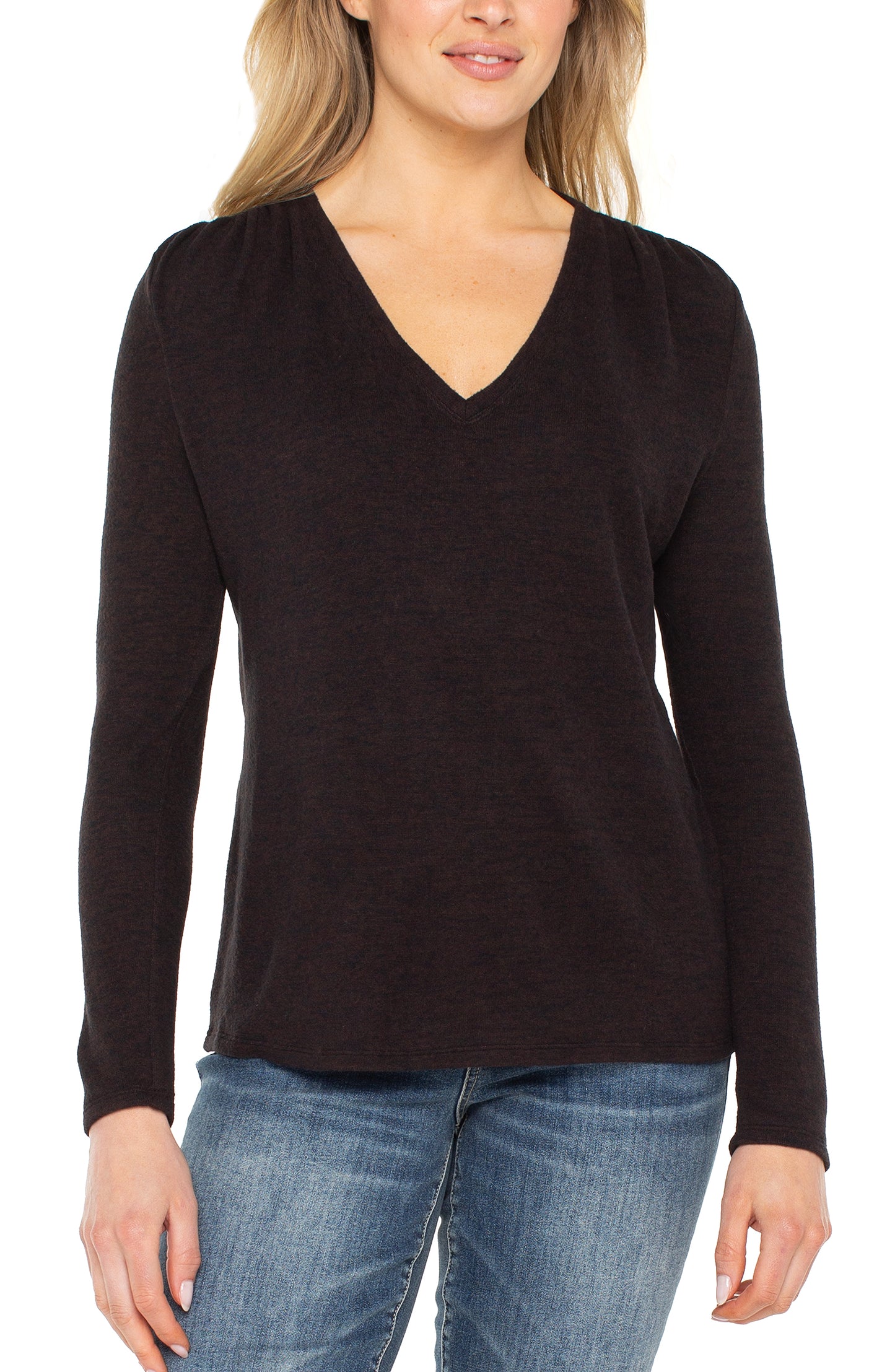Long Sleeve V-Neck Knit Top w/ Shirring