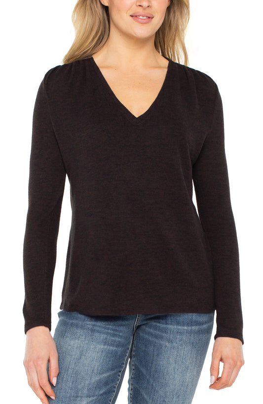 Long Sleeve V-Neck Knit Top w/ Shirring